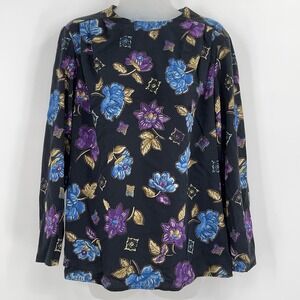 Vintage Floral Top Womens M Black Purple Cottage 90s Modest Church Romantic Boho